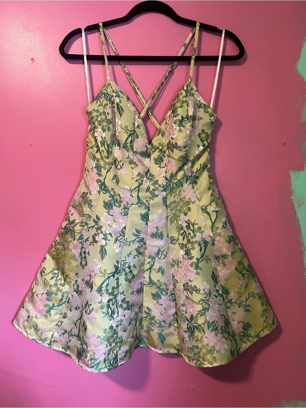 Bright Olive Green and Pink Floral Dress